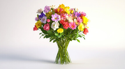 Fototapeta premium Brightly colored flower bouquet arranged elegantly in a simple setting showcasing a variety of blossoms and greenery