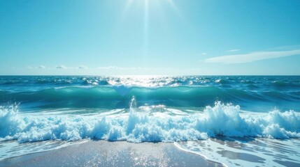 Ocean Waves Crashing on a Sandy Shore Under a Bright Sunny Sky, a Serene Summer Seascape