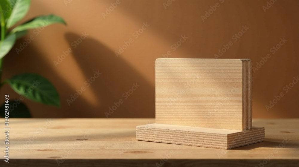 Aufkleber A Simple Wooden Display Stand on a Tabletop with Natural Light and Greenery