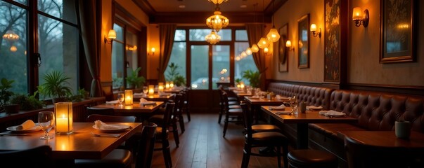 Naklejka premium Cozy restaurant interior with candlelit tables and warm ambiance, dinner out, cozy