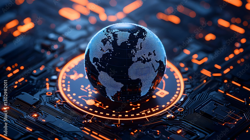 Poster globe on circuit board with adjoining digital elements and lights