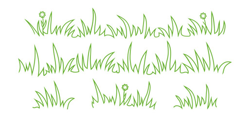 Grass linear icon, meadow and flower doodle outline design, bush tuft, small lawn, green sketch plant isolated on white background. Thicket hand drawn border. Floral scribble set. Vector illustration