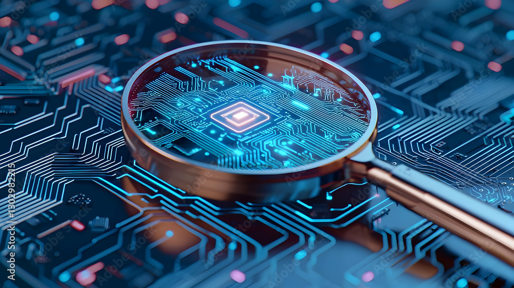 Poster macro view of circuit board with magnifying glass and electronic elements