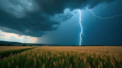 Dramatic Lightning Strike Across a Golden Field Under a Dark Stormy Sky