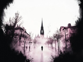 Somber street scene of a person walking down a rainy path with reflections