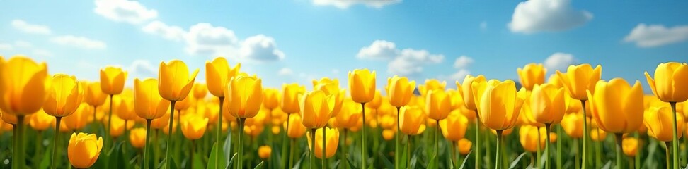 Stunning field of golden tulips under clear blue sky in picturesque garden, tulip field, springtime