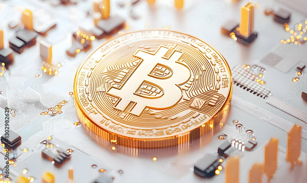 Poster digital bitcoin coin on circuit board with glowing effects