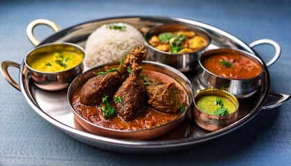 A traditional and authentic Maharashtrian mutton thali served in a round stainless steel plate with multiple bowls. The centerpiece is a rich, spicy mutton rassa (mutton curry) with tender, slow-cooke