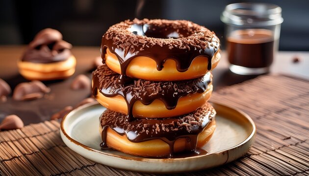 lucious donuts stacked on top of each other they are dark chocolate slightly melting