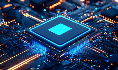 Fototapeta premium Close-Up View of Futuristic Microchip on Advanced Circuit Board
