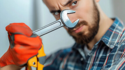 Man in plaid shirt uses adjustable wrench for home repairs, demonstrating focus and determination in indoor setting