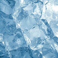 Close-Up of Transparent Ice Cubes with Cracks and Bubbles in a Cool Blue Environmen