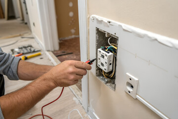 Electrician’s hands carefully install an electrical outlet into the wall, ensuring a reliable and safe power supply system in the interior.