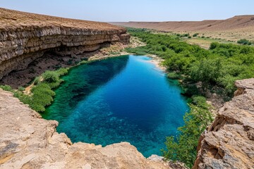 A desert oasis with lush vegetation growing around a pristine blue lagoon