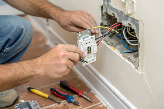 Electrician&rsquo;s hands carefully install an electrical outlet into the wall, ensuring a reliable and safe power supply system in the interior.