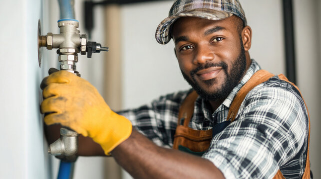Skilled tradesman working on plumbing installation in a modern facility during daylight hours