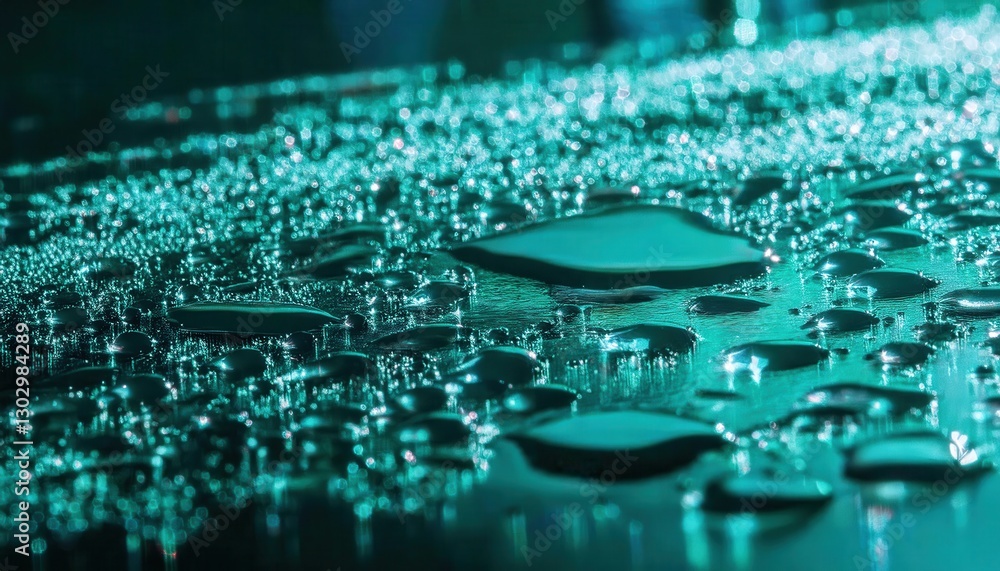 Aufkleber mystical macro shot of water droplets on reflective surface with glowing bokeh effect, futuristic abstract texture for design

