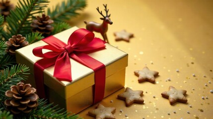 Obraz premium A Golden Gift Box with a Red Ribbon, Festive Pine Boughs, and Star-Shaped Cookies on a Glittering Surface