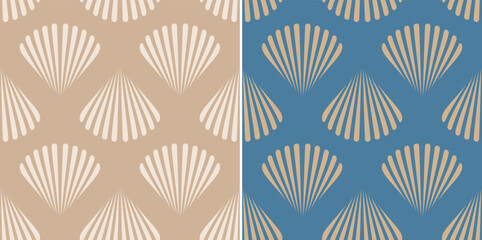 Retro seamless marine pattern with beige sea shells. Vintage geometric pattern of shells in 60s style.