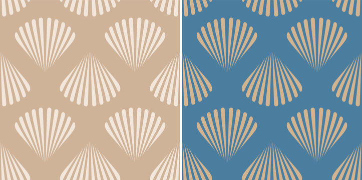 Retro seamless marine pattern with beige sea shells. Vintage geometric pattern of shells in 60s style.