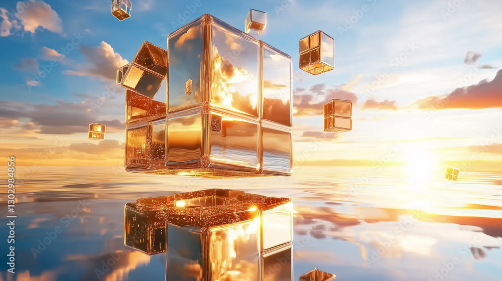 Poster amidst a boundless void, a majestic cube made of shimmering smaller cubes floats effortlessly, casti