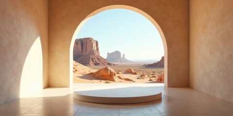 Obraz premium Serene desert vista framed by minimalist archway, showcasing a circular platform for product display or contemplation