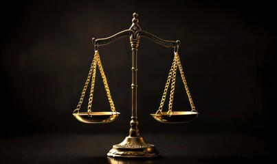 Gold Scales of Justice on a black background, with space for text or design. The scale is a classic golden bronze color and has two different weights