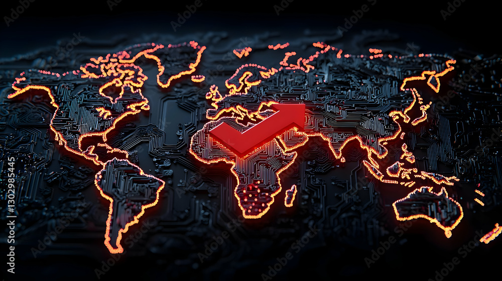 Poster global map with circuit patterns and upward arrow icon representation