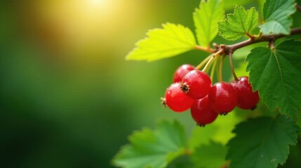 Fototapeta premium Red berries on a branch bathed in sunlight, showcasing the vibrant color and natural beauty of the fruit and foliage