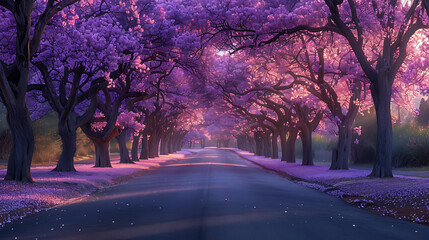 Serene pathway lined with vibrant purple flowering trees, leading to a tranquil landscape at dusk