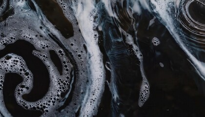 Fototapeta premium abstract black liquid with swirling foam and bubbles, dynamic fluid motion, cosmic aesthetic, surreal background texture