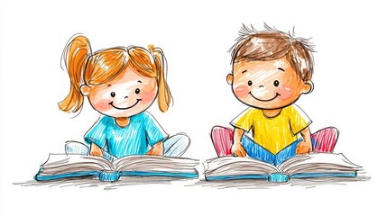 World Book Day Reading Childrens books Children reading books happily together.