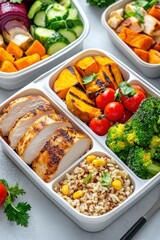 Colorful meal prep containers featuring brown rice, roasted sweet potatoes, grilled chicken, and steamed vegetables ideal for healthy eating and meal planning