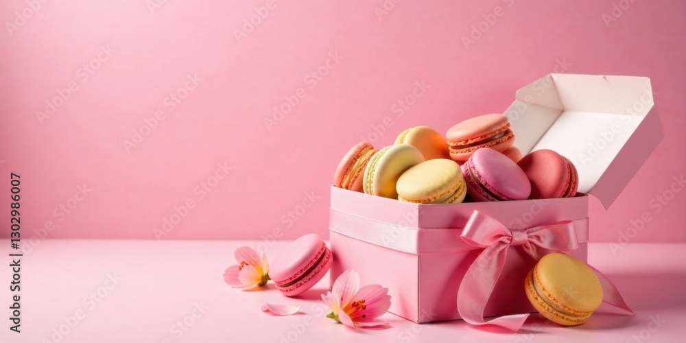 Poster a pink gift box overflowing with pastel macarons, adorned with a delicate ribbon and accompanied by 