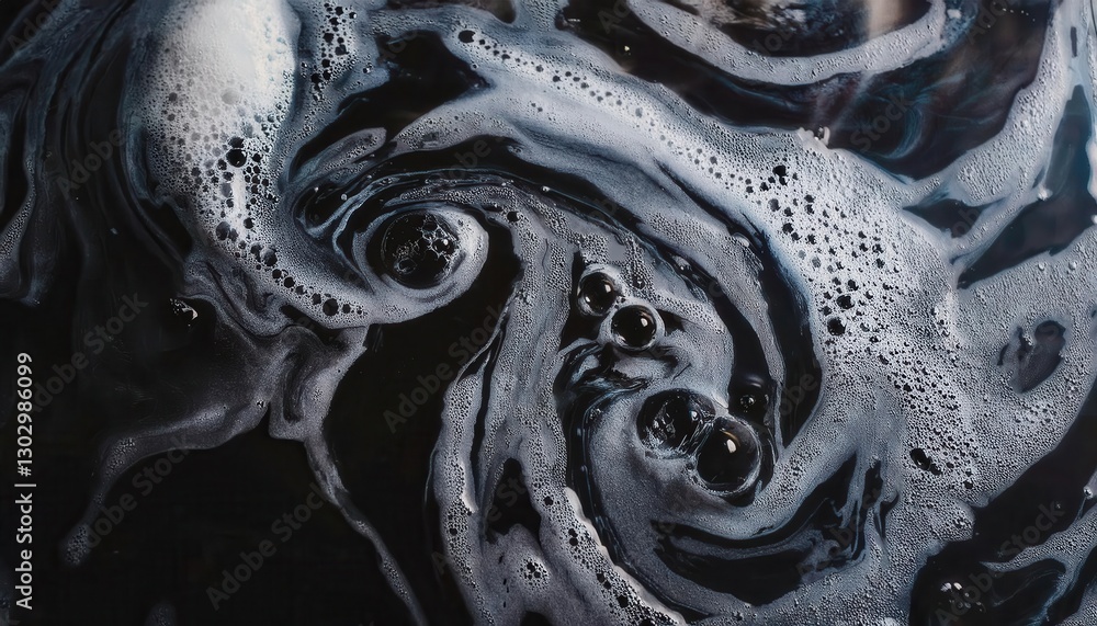 Poster abstract black liquid with swirling foam and bubbles, dynamic fluid motion, cosmic aesthetic, surrea