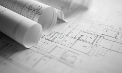 Architectural blueprints rolled out detailed building design.