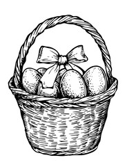 Fototapeta premium Engraved illustration of a decorative basket filled with eggs tied with a bow, ideal for spring festivals and celebrations