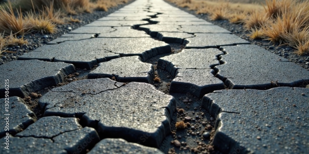Poster a cracked pathway a textured perspective of interlocking stone paving, revealing the effects of time
