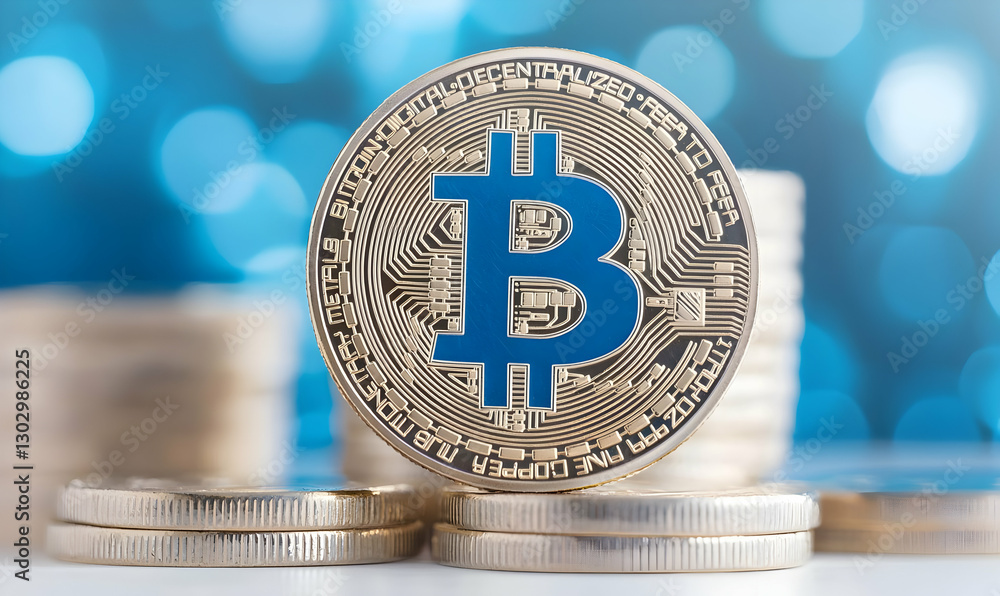 Poster bitcoin coin on stack with blue bokeh background for cryptocurrency use
