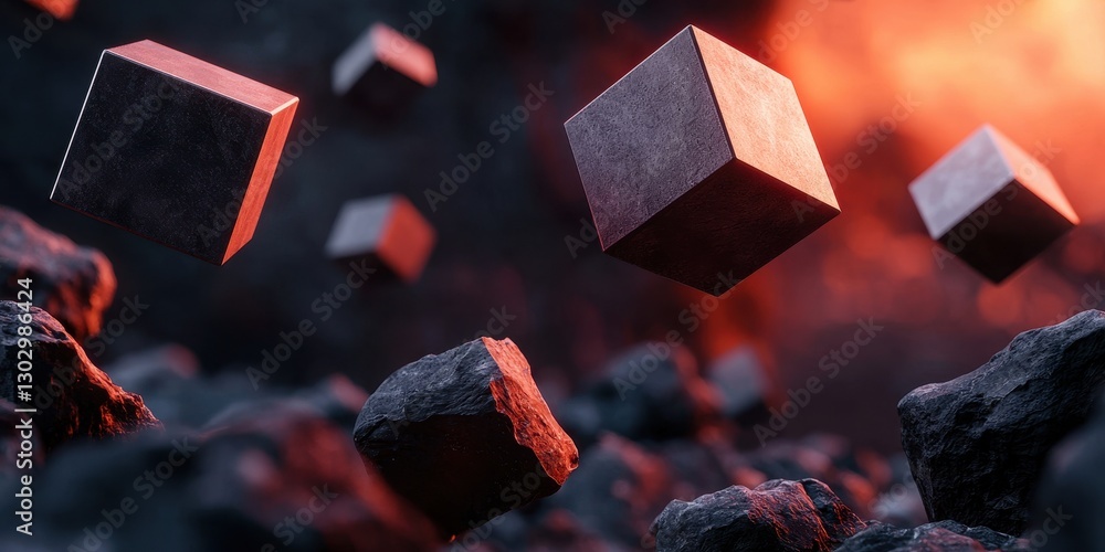 Aufkleber a surreal landscape featuring levitating cubes against a backdrop of glowing, molten rock, creating 