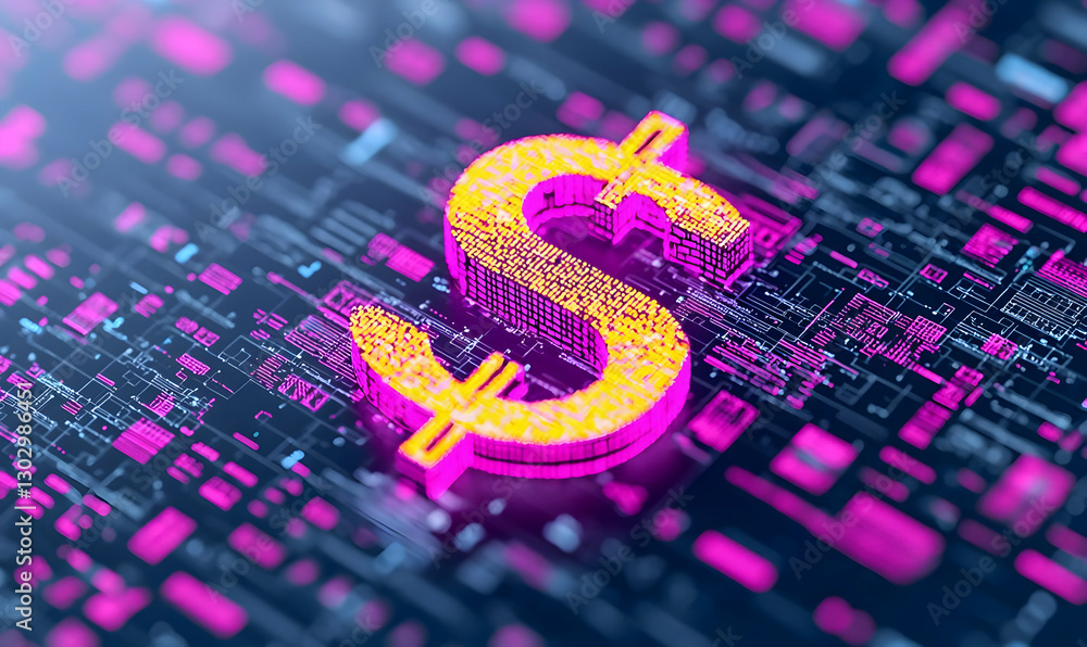 Poster digital dollar sign with colorful lights on abstract circuit background