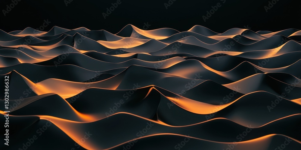 Poster A captivating abstract representation of undulating waves, illuminated with soft orange highlights against a dark background, creating a dynamic visual effect.