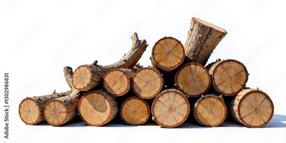 Leinwandbilder A pile of neatly stacked tree trunks, showcasing the intricate grain patterns and natural textures of the wood, isolated against a bright white backdrop.