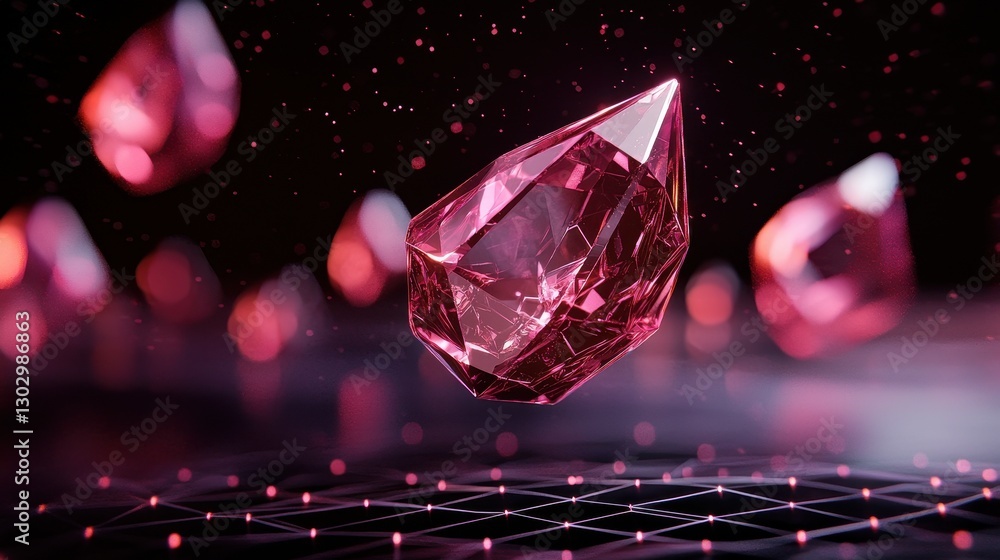 Poster A collection of glowing pink crystals appears to float above a dark grid, creating a mystical and enchanting atmosphere.