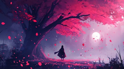 Solitary Figure Underneath a Crimson Tree at Night