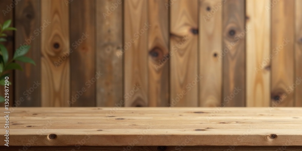 Poster rustic wooden tabletop display with a soft focus background of vertical planks ideal for product pla