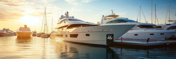 Fototapeta premium Luxurious yachts docked at a marina during sunset with a golden sky in the background