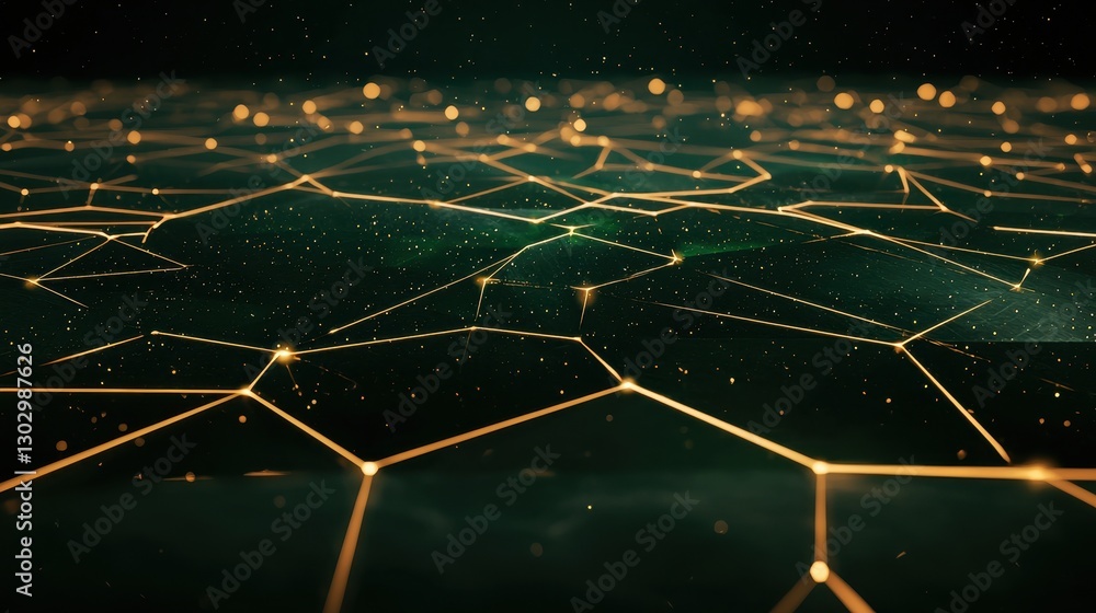 Leinwandbilder a digital landscape featuring interconnected hexagonal patterns illuminated by golden lines, creatin