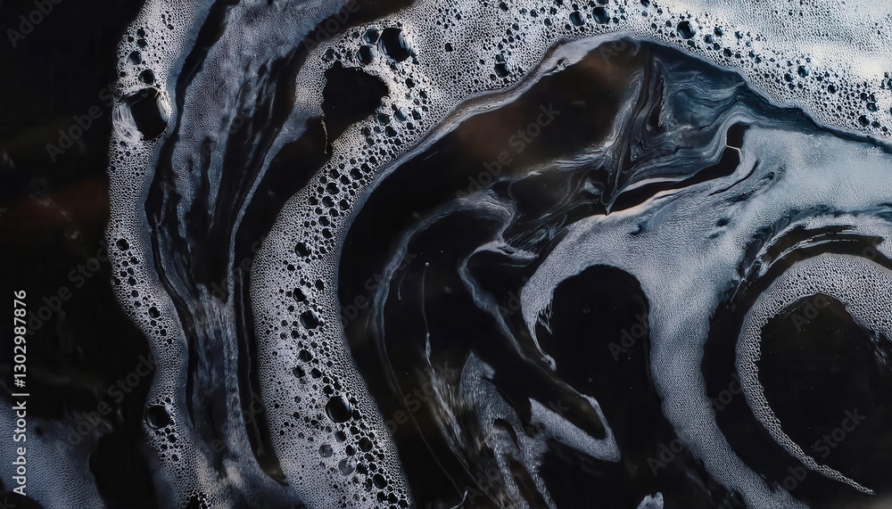 Poster abstract black liquid with swirling foam and bubbles, dynamic fluid motion, cosmic aesthetic, surrea