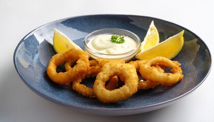 Plate of fried calamari rings with lemon wedges and garlic aioli dipping sauce, white backgrount